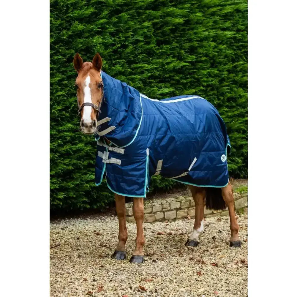 Blue quilted 450g heavy weight detachable neck stable rug with light blue trim and reflective silver buckles