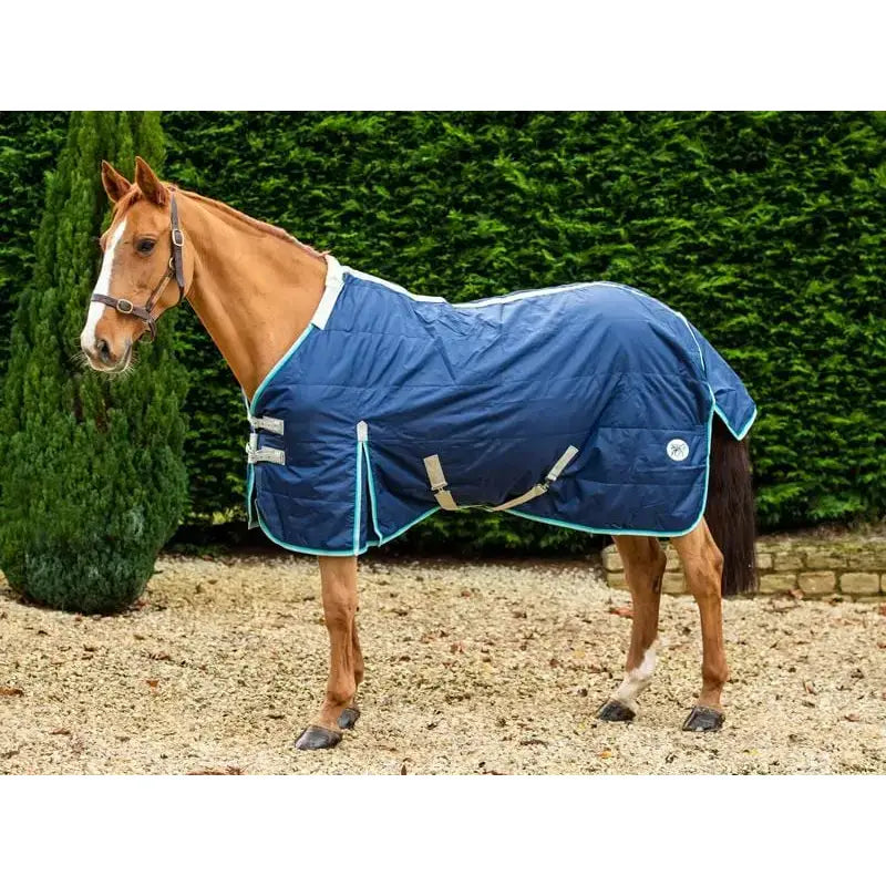 Navy quilted swish 450g heavy weight stable rug with detachable neck light teal trim and silver buckles