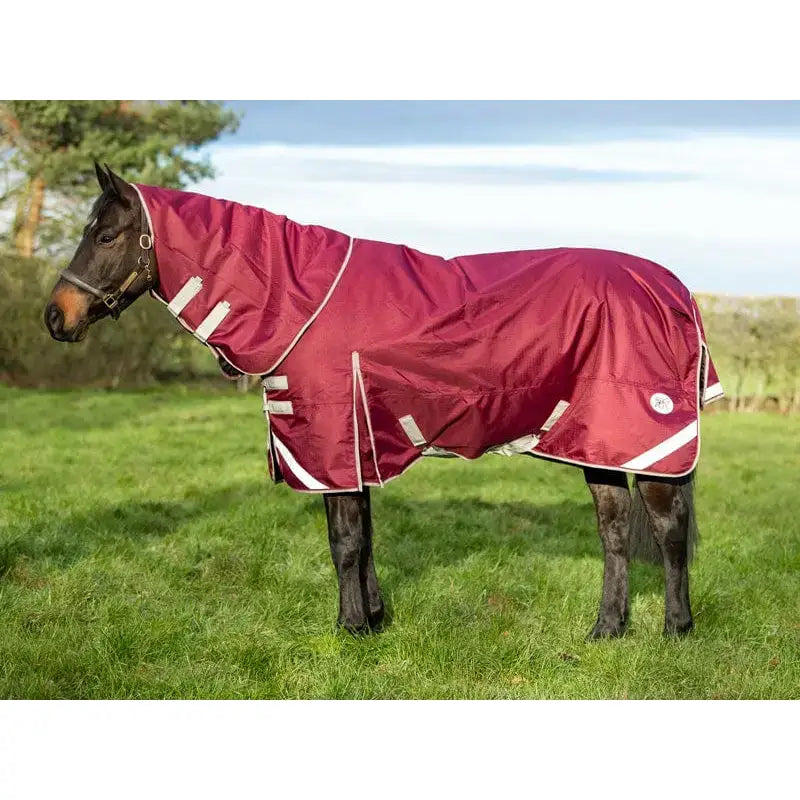 Maroon swish 450g ultimate heavyweight turnout rug with detachable neck featuring white reflective strips safety and logo