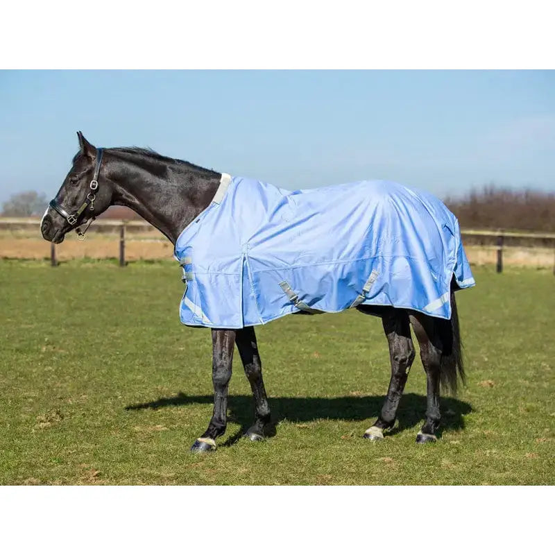 Light blue cornflower detachable neck turnout rug with 1200d outer waterproof fabric and reflective straps