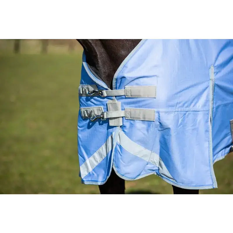 Light blue detachable neck turnout rug cornflower with reflective stripes gray buckle straps 1200d outer material