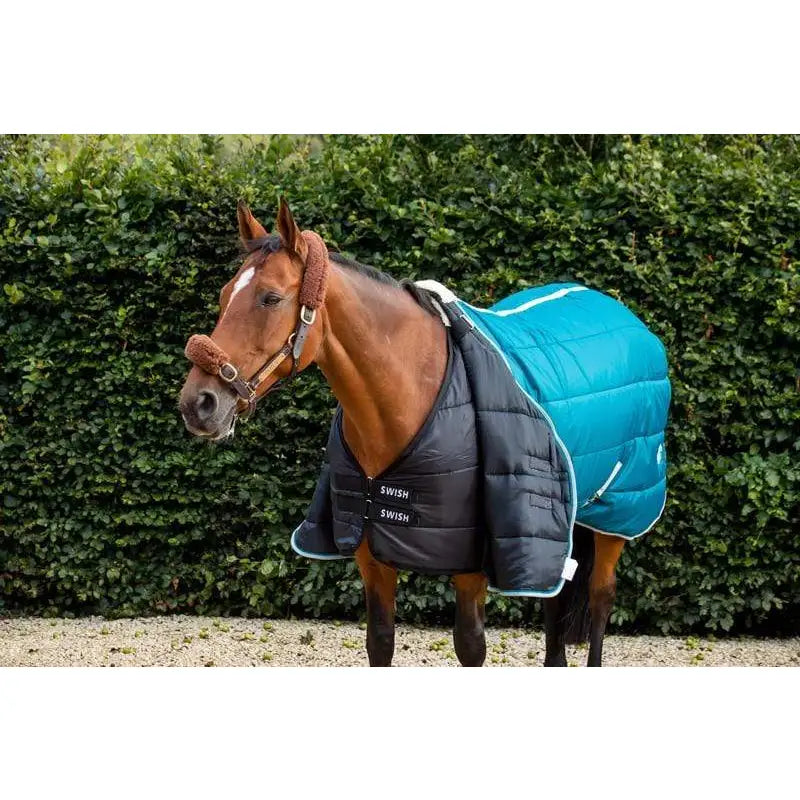Teal and black quilted swish 50g horse rug liner with fleece collar and visible swish logo on front