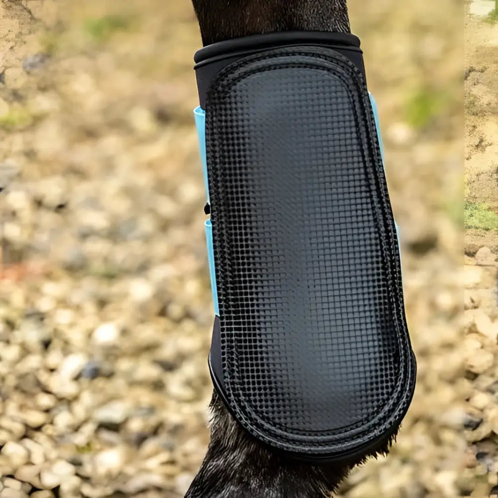 Black swish double locking brushing boots with blue padded strike pad and breathable neoprene side panels