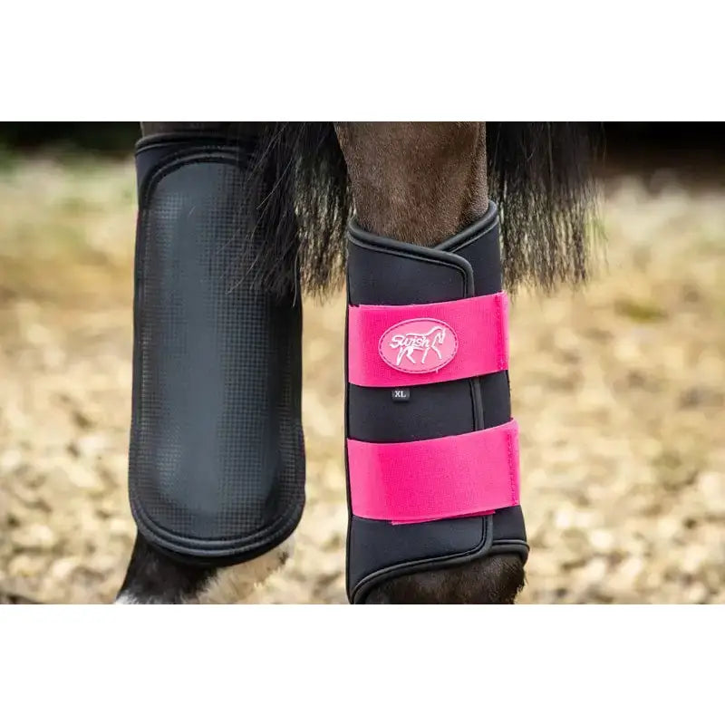 Swish double locking brushing boots in black and bright pink with padded strike pad breathable neoprene and adjustable straps