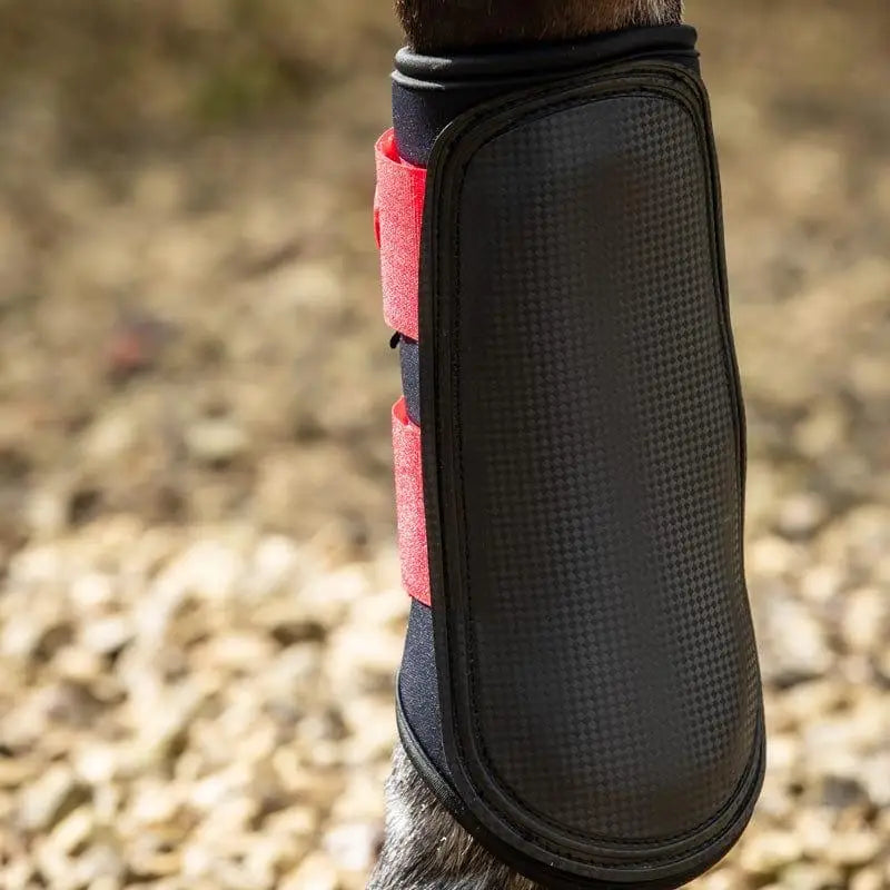 Black swish double locking brushing boots with red velcro straps padded strike pad and breathable neoprene material