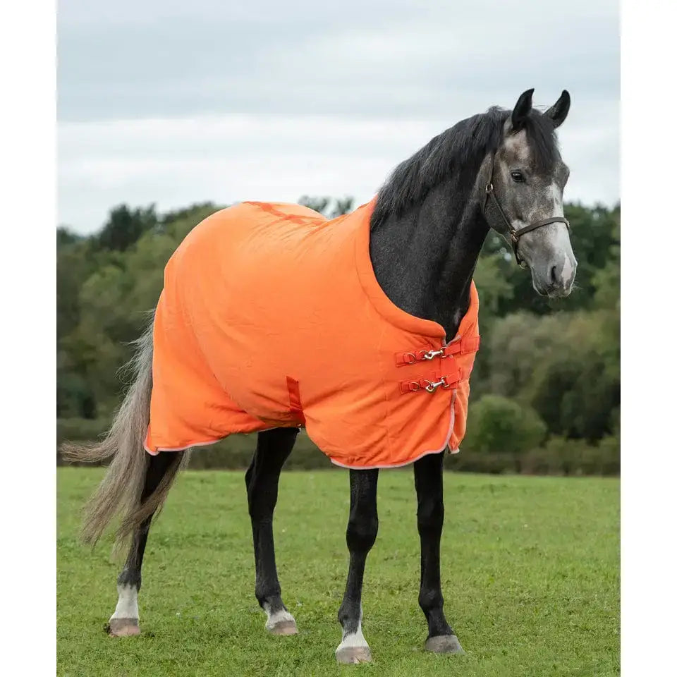 Bright orange fleece horse rug with red buckles soft padded design swish fleece horse rug luxury fleece rug