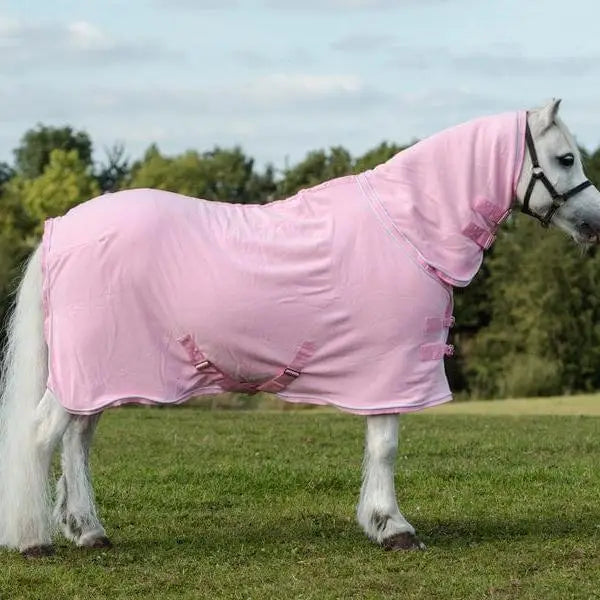 Baby pink fleece rug with hood, adjustable cross surcingles straps, and silver piping for cozy horse warmth
