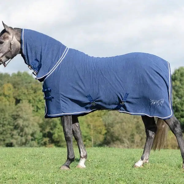 Navy swish fleece rug with fixed neck cover and cross surcingles made of soft fleece for horse warmth