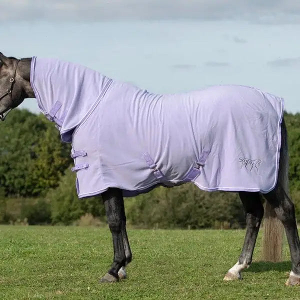 Lavender fleece rug with neck cover violet, adjustable cross surcingles, and subtle brand logo on the side
