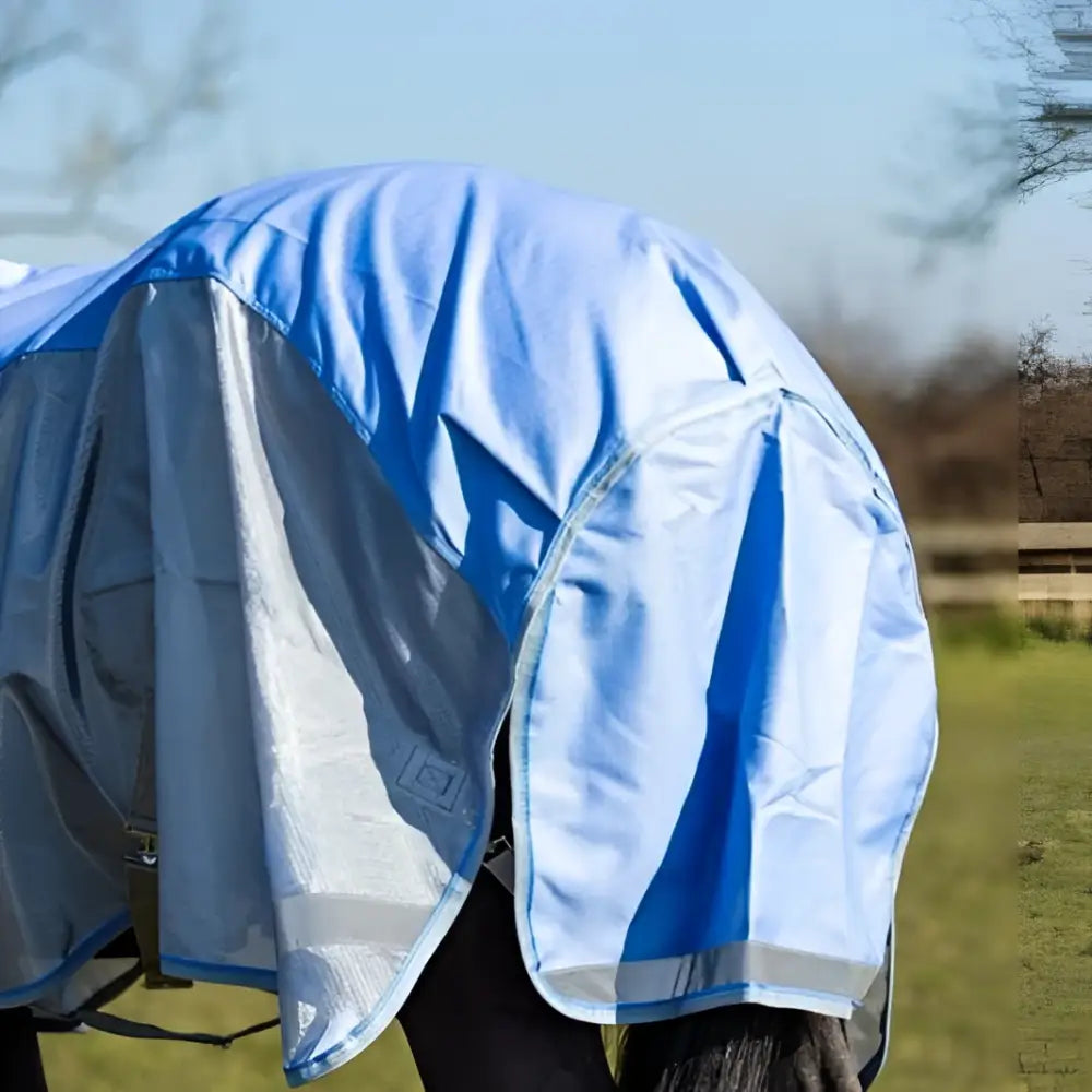 Blue and gray breathable nylon fly turnout combination horse blanket with reflective trim and double locking straps