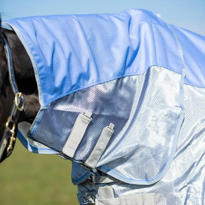 Light blue and silver fly turnout combination mask with breathable nylon and reflective mesh panels for horses