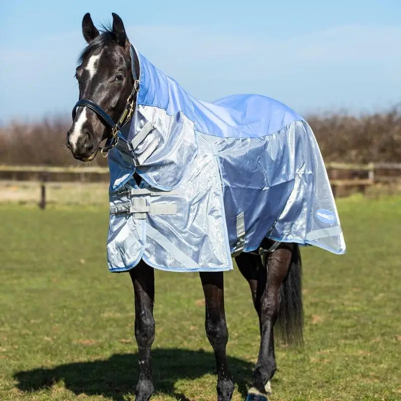 Light blue and silver swish fly turnout combination rug with breathable nylon mesh panel and double locking straps