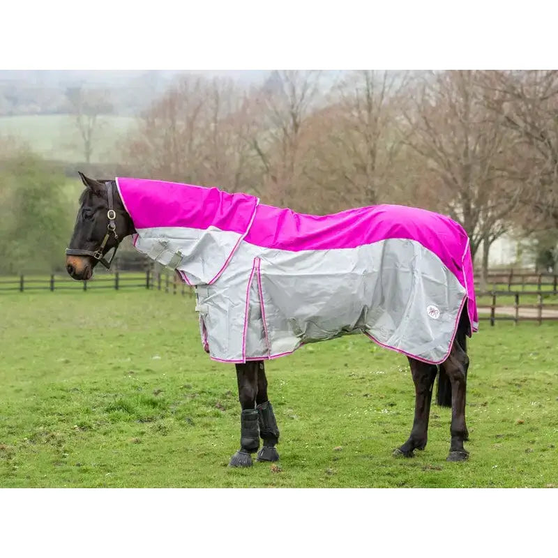Vibrant pink and silver two-tone mulberry rug with magenta trim and detachable neck cover swish fly turnout blanket