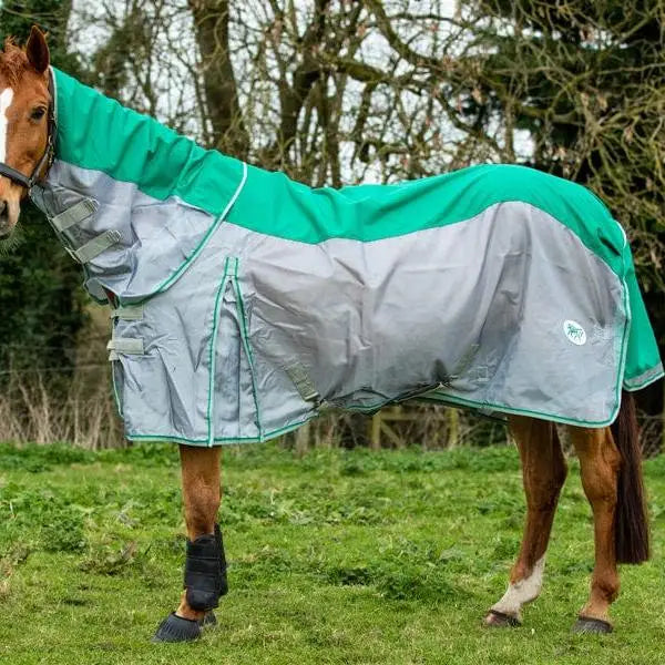 Teal and silver swish fly turnout combination rug with detachable neck cover and reflective panels, shower proof nylon fly sheet