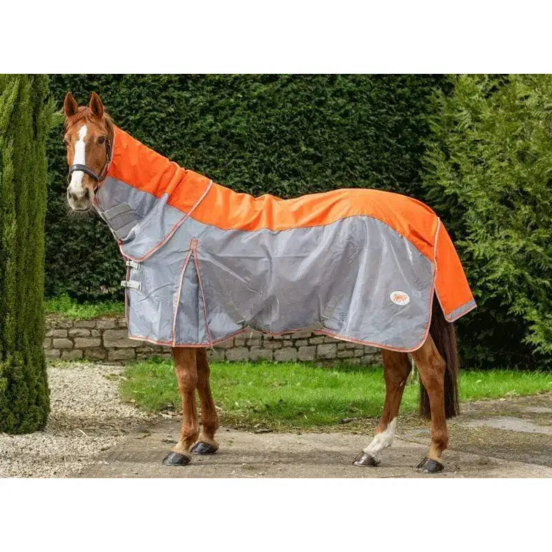 Orange and gray fly turnout rug with breathable nylon and reflective trim featuring a detachable neck cover