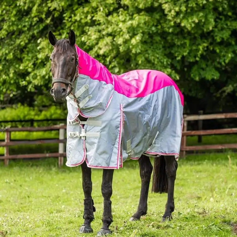 Swish fly turnout combination rug in vibrant pink and gray with reflective trim and adjustable straps for secure fit
