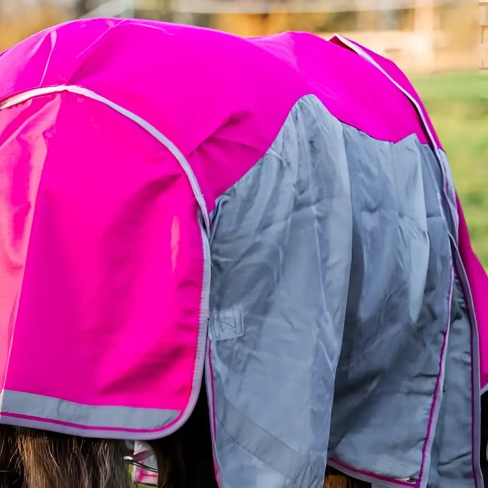A vibrant pink and gray swish fly turnout combination rug with reflective trim and detachable neck cover for horses