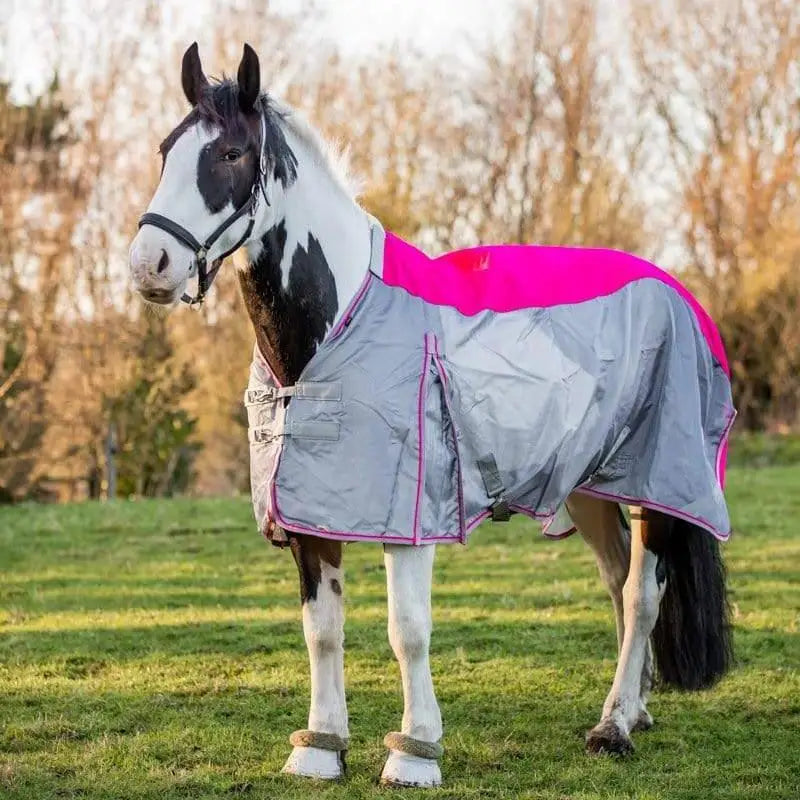 A vibrant pink and gray swish fly turnout combination rug with reflective waterproof material and detachable neck cover