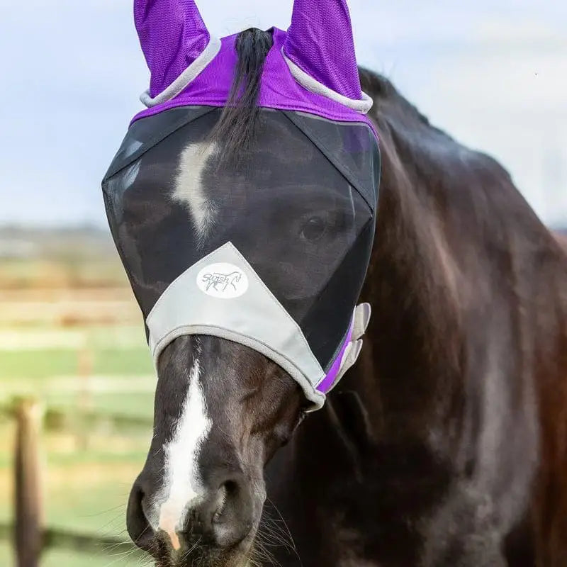 Purple and black mesh swish horse fly mask with gray trim and anti rub bindings for fly protection