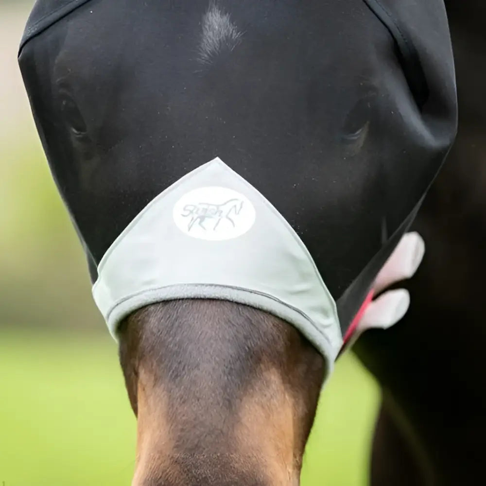 Black swish horse fly mask with light gray reinforced panel and white logo offers anti rub protection