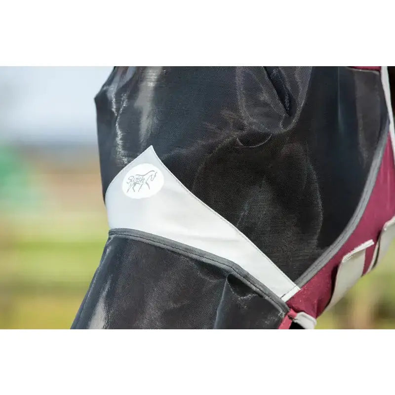 Black and maroon swish horse fly mask with nose featuring a white reflective strip and silver logo patch for maximum protection