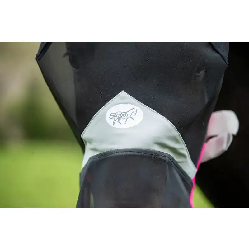 Black and gray mesh swish horse fly mask with white swish logo patch and anti rub bindings for nose protection