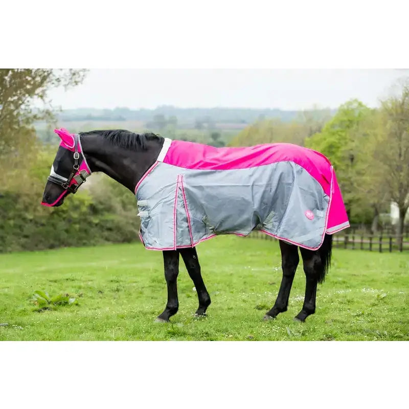 Swish horse fly mask with nose in pink featuring vibrant pink and gray horse blanket with anti rub bindings trim