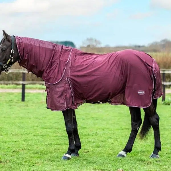 Maroon swish mesh fly rug with mesh neck section and reflective trim featuring detachable neck cover and large tail flap