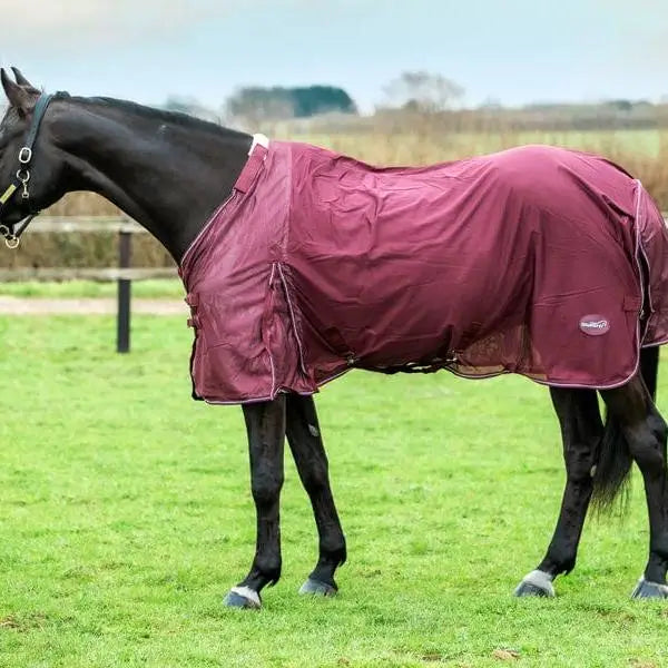 Maroon swish mesh fly rug with reflective trim and small logo showing back side featuring large tail flap