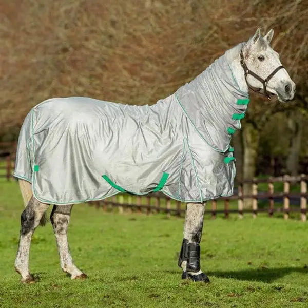 Silver reflective swish mesh fly rug with green trim and adjustable straps, featuring a detachable neck cover