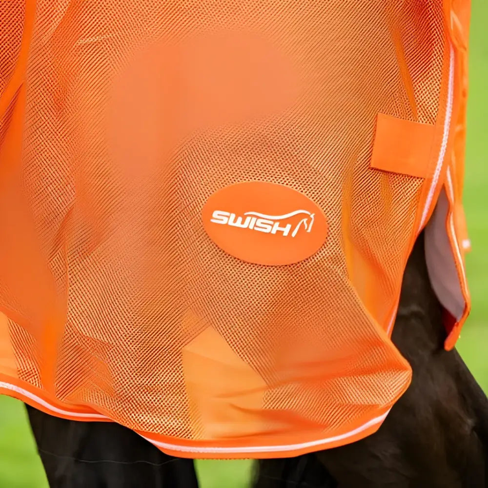 Bright orange mesh fly rug with swish logo patch featuring detachable neck cover and large tail flap