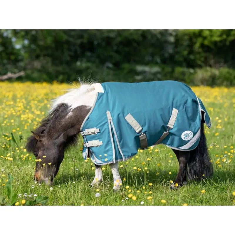 Swish MINI 0g turnout rug in turquoise with white trim, silver buckles, reflective strips, and cross surcingles
