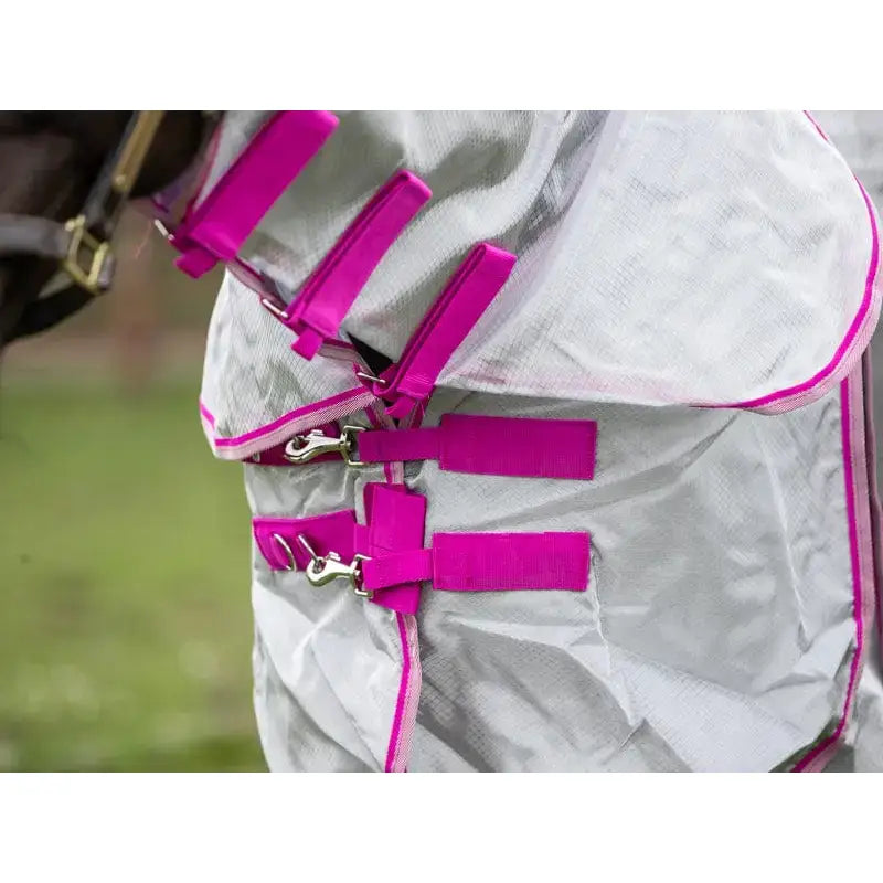 A silver nylon fly cool horse fly veil with vibrant pink straps and metal buckles and detachable neck cover