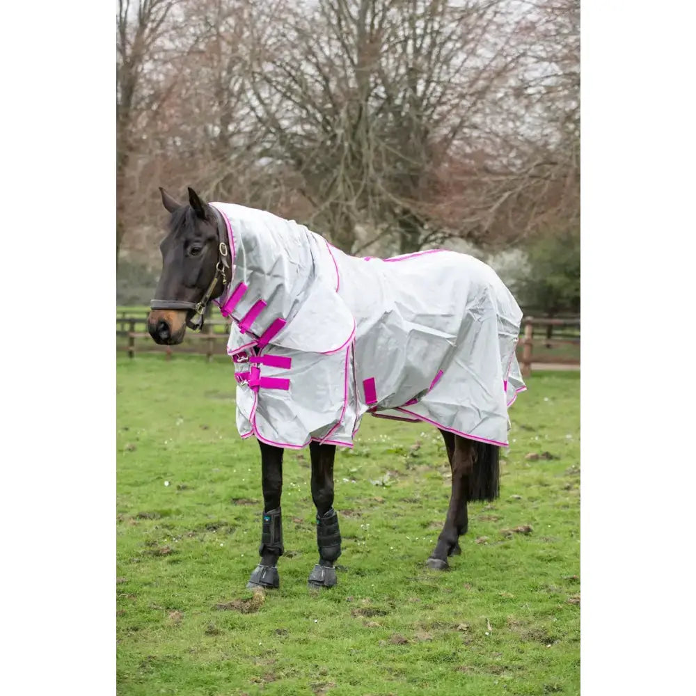 Silver and pink nylon fly cool rug with reflective material, adjustable straps, detachable neck cover, and large tail flap