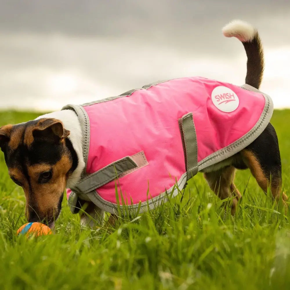 Swish waterproof dog coat high viz pink back view with gray trim white logo reflective strips and velcro chest fastener