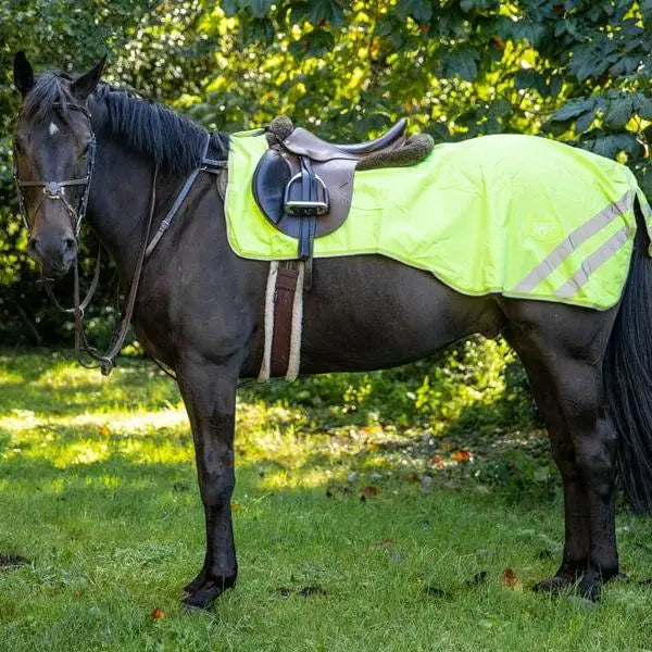 Bright neon yellow waterproof exercise sheet with reflective strips and gray stripes for outdoor horse safety
