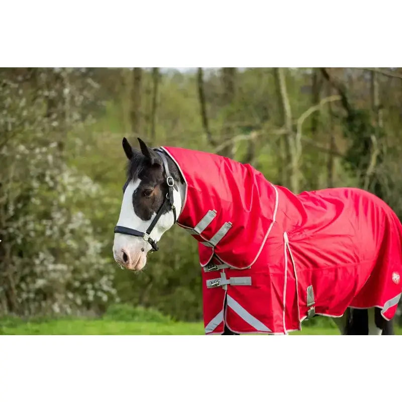 Red swish wide fit 200g detachable neck turnout rug with reflective stripes and silver buckles for horses