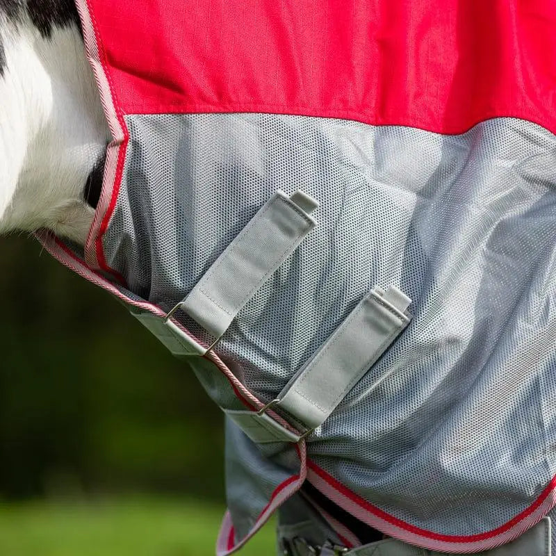 Red and gray mesh fly turnout combination rug with pink trim and adjustable velcro straps for wide fit horses
