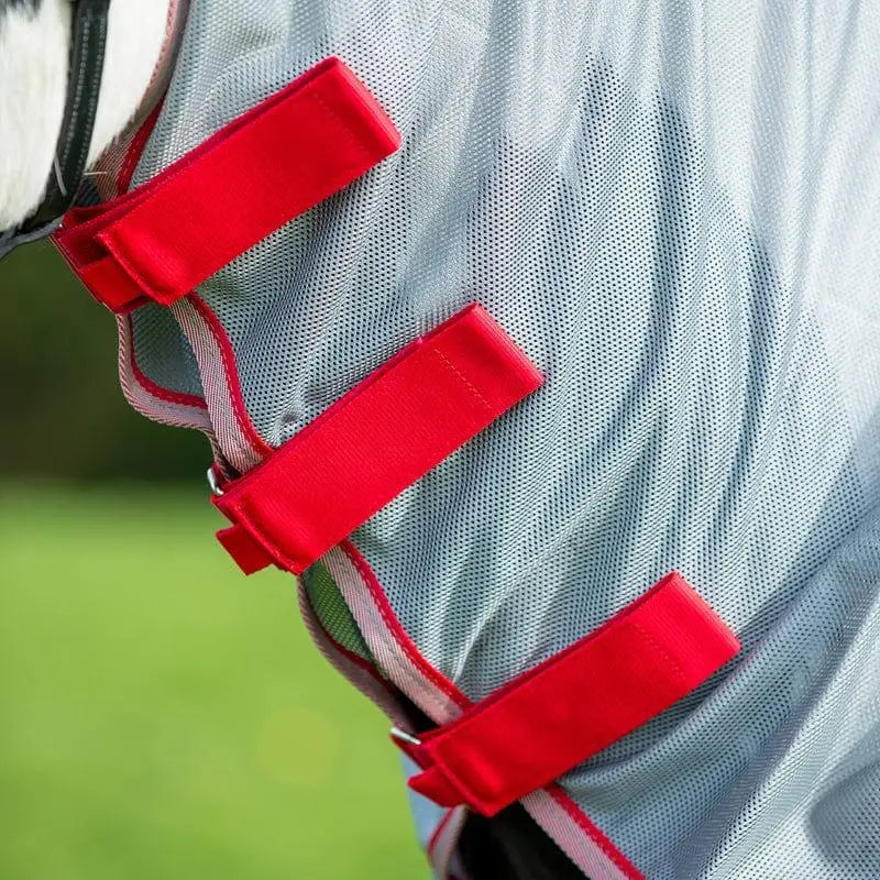 Wide fit mesh fly rug in grey with red velcro straps featuring detachable neck cover and large tail flap