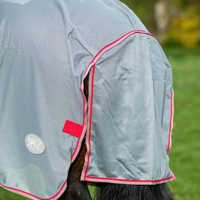 Gray mesh wide fit mesh fly rug with red trim detachable neck cover and large tail flap by swish