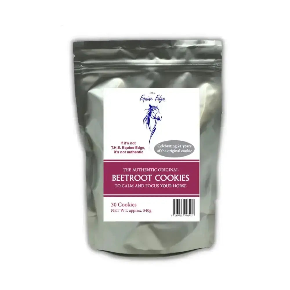 A silver foil pouch of equine edge calmer beetroot cookies with a horse silhouette for horse additional stress relief