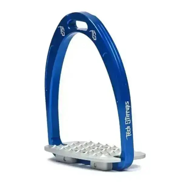 Blue tech stirrups iris cross country stirrups with a silver textured footplate for better grip and durability