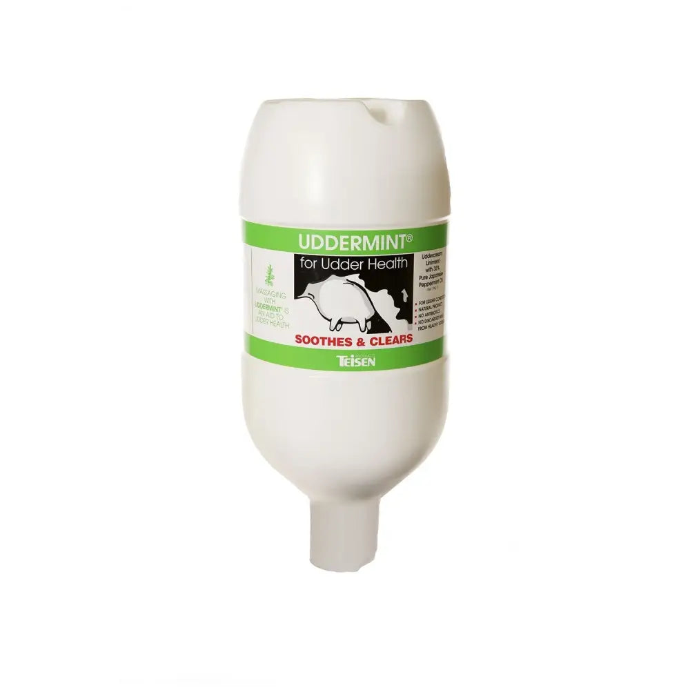 White plastic teisen products uddermint bottle with green label and pig illustration for calving time udder health