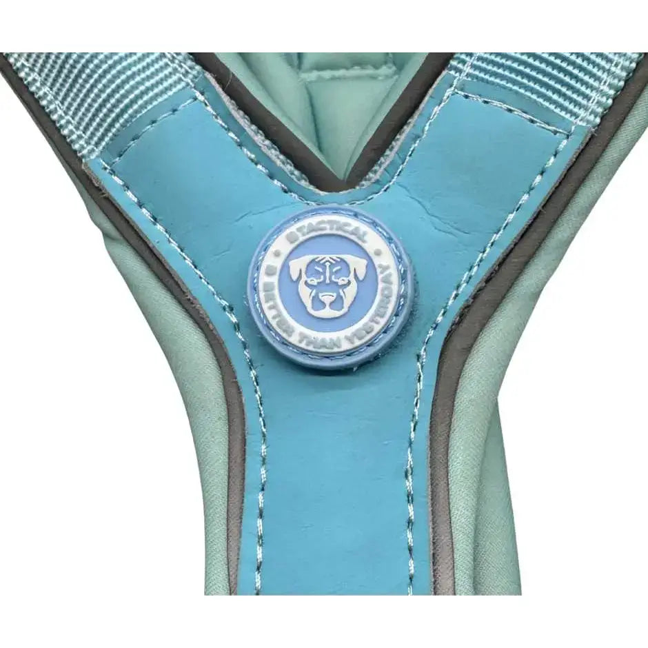 A light blue btactical harness with slip-on design and a circular patch promoting leash manners and smarter use