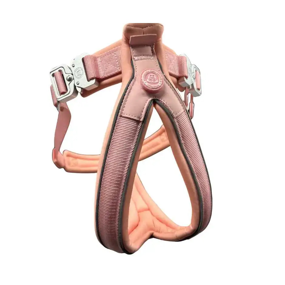 Pastel pink 2.5cm btactical slip on harness with silver buckles and strategic d ring for comfy dog walks
