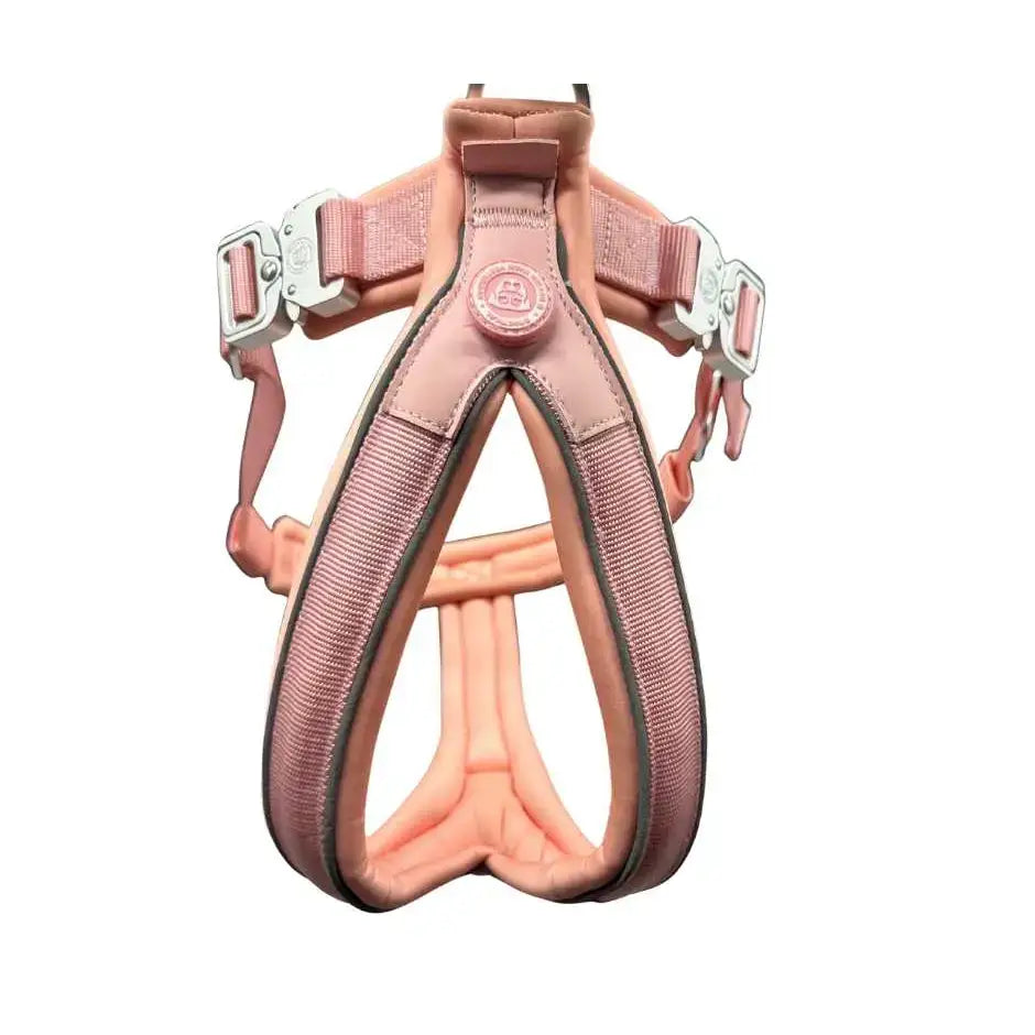 Pastel pink 2.5cm btactical slip on harness with strategic d ring and silver metal buckles featuring central logo