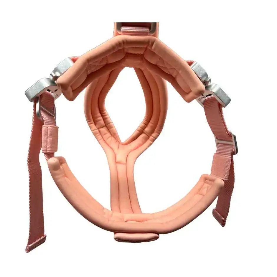 Pink padded 2.5cm btactical slip on harness with silver buckles, adjustable straps, and strategic d ring in pastel pink