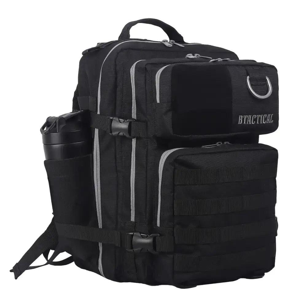 Black 35l btactical backpack with silver zipper pulls webbing straps front pocket and btactical logo in black smoke