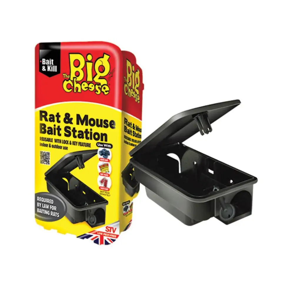 Black plastic cheese bait station with tamper proof lid branded as the big cheese for rat baiting