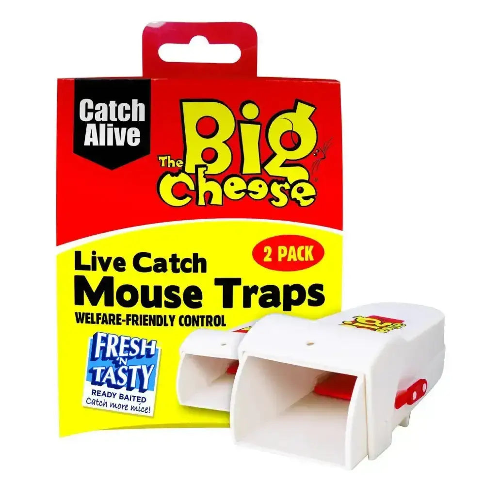 White plastic live catch mouse traps with red baiting and yellow logo in bright red and yellow big cheese fresh box